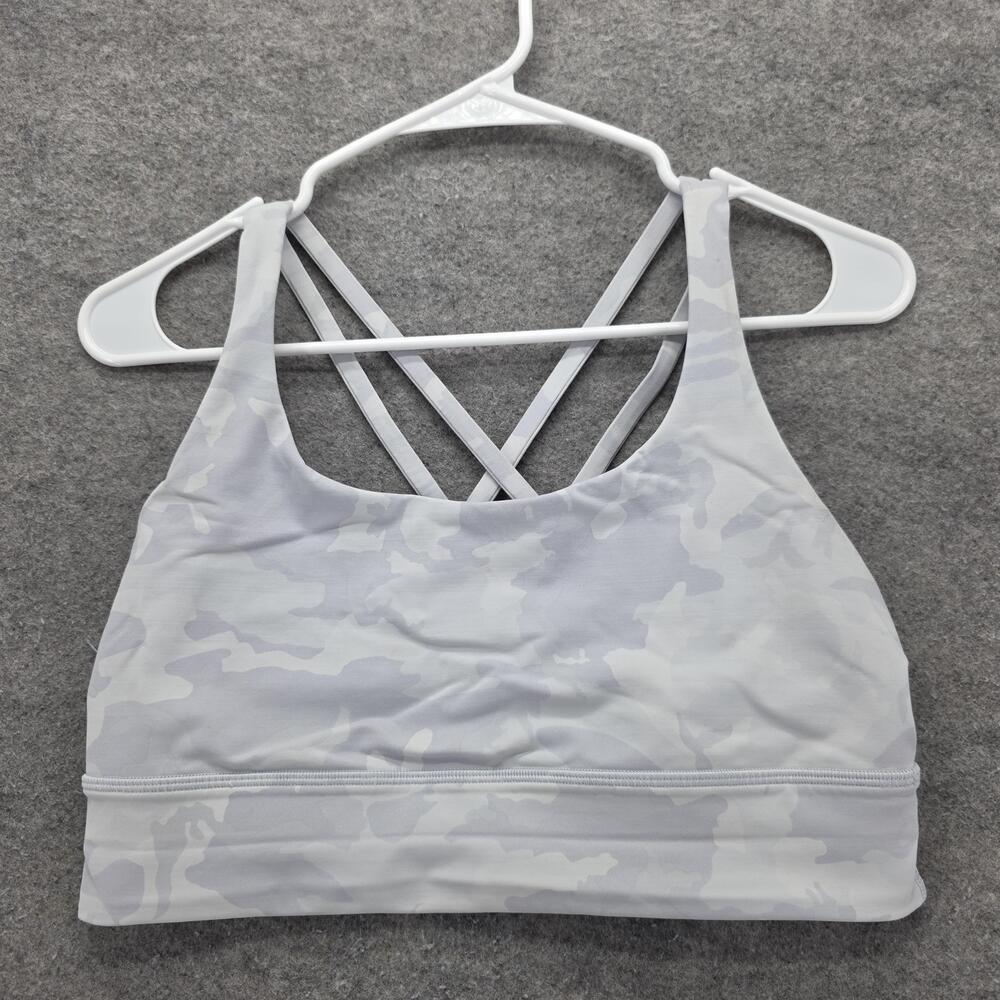 Lululemon Energy Bra Long Line Womens 10 White Camo Cross Back Strappy Athletic